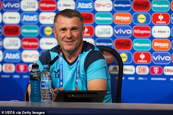 MUNICH, GERMANY - JUNE 16: Ukraine head coach Sergiy Rebrov speaks during a press conference ahead of the group stage match against Romania at Munich Football Arena on June 16, 2024 in Munich, Germany. (Photo: Jasmin Walter - UEFA/UEFA via Getty Images)