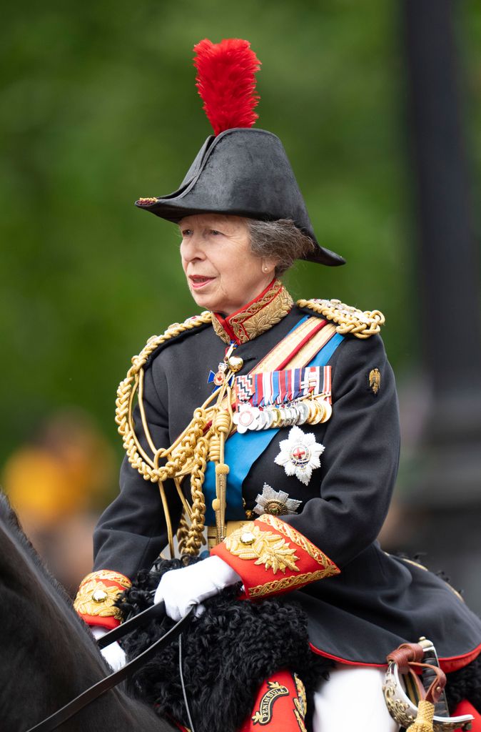 Princess Anne, Princess Royal, during Trooping the Colour in London, England on June 15, 2024. Trooping the Colour is a ceremonial parade to celebrate the official birthday of the British monarch. 