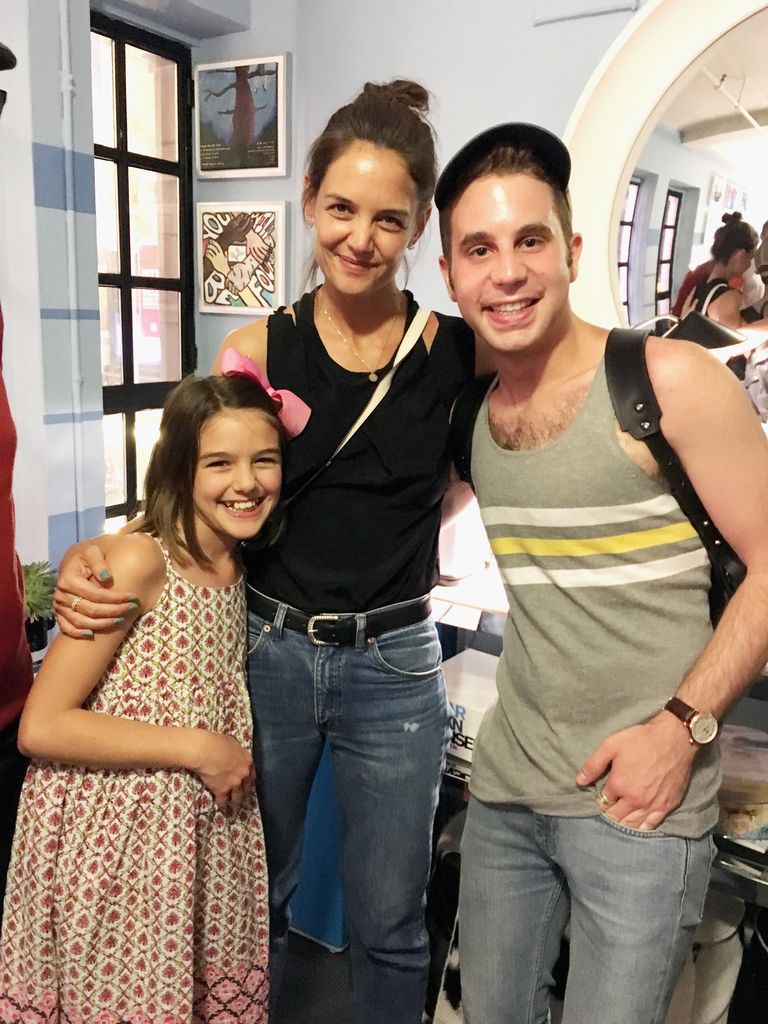 Suri Cruise, Katie Holmes and Tony winner Ben Platt pose backstage at the hit musical "dear evan hansen"on July 19, 2017 at The Music Box Theatre on Broadway in New York City.