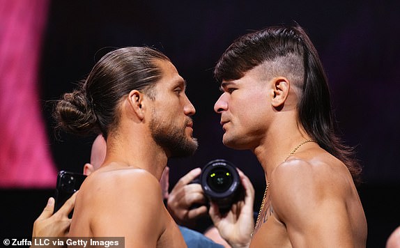LAS VEGAS, NEVADA – JUNE 28: (L-R) Brazilian rivals Brian Ortega and Diego Lopes face off during the UFC 303 Ceremonial Weigh-Ins at T-Mobile Arena in Las Vegas, Nevada on June 28, 2024. (Photo by Chris Unger/Zuffa LLC via Getty Images)