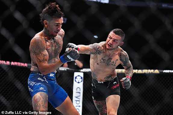 LAS VEGAS, NEVADA – JUNE 29: Andre Fili is punched by Cub Swanson in a featherweight fight during the UFC 303 event at T-Mobile Arena in Las Vegas, Nevada on June 29, 2024. (Photo by Chris Unger/Zuffa LLC via Getty Images)