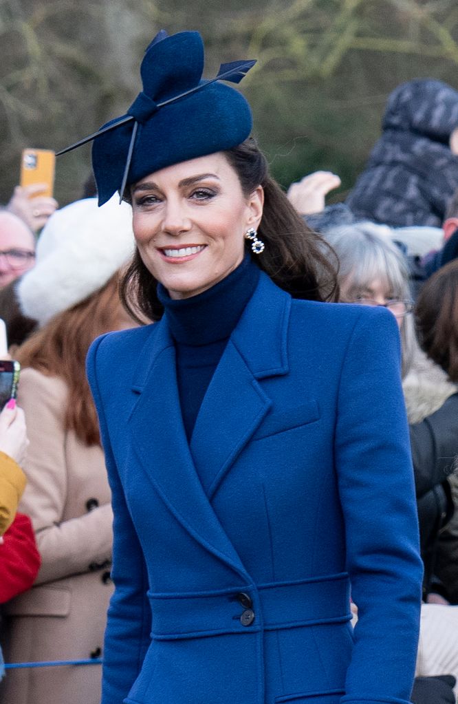 Kate Middleton wearing a blue coat on Christmas Day