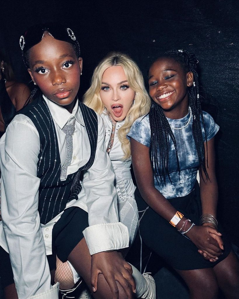 Madonna with her twin daughters Stella and Estere posing for the set of Ladyland 2024