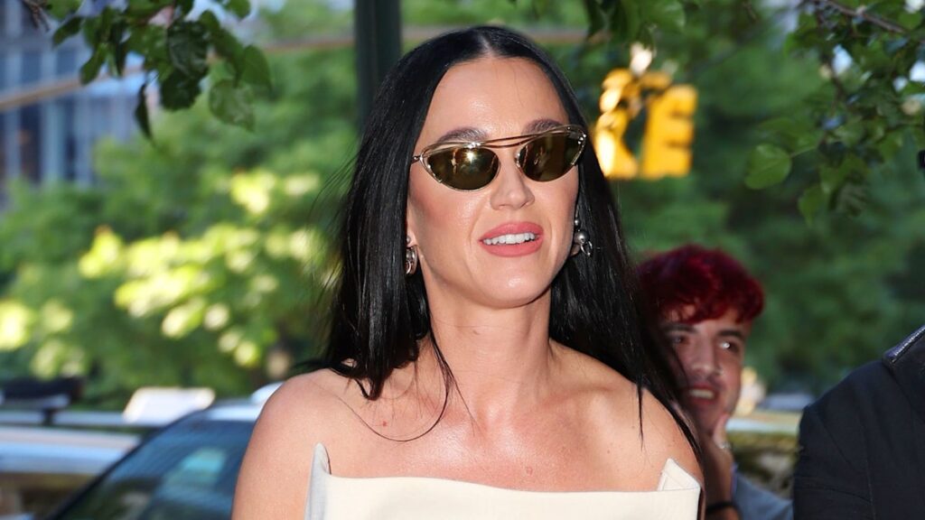 Katy Perry is effortlessly chic in corset strapless bridal gown