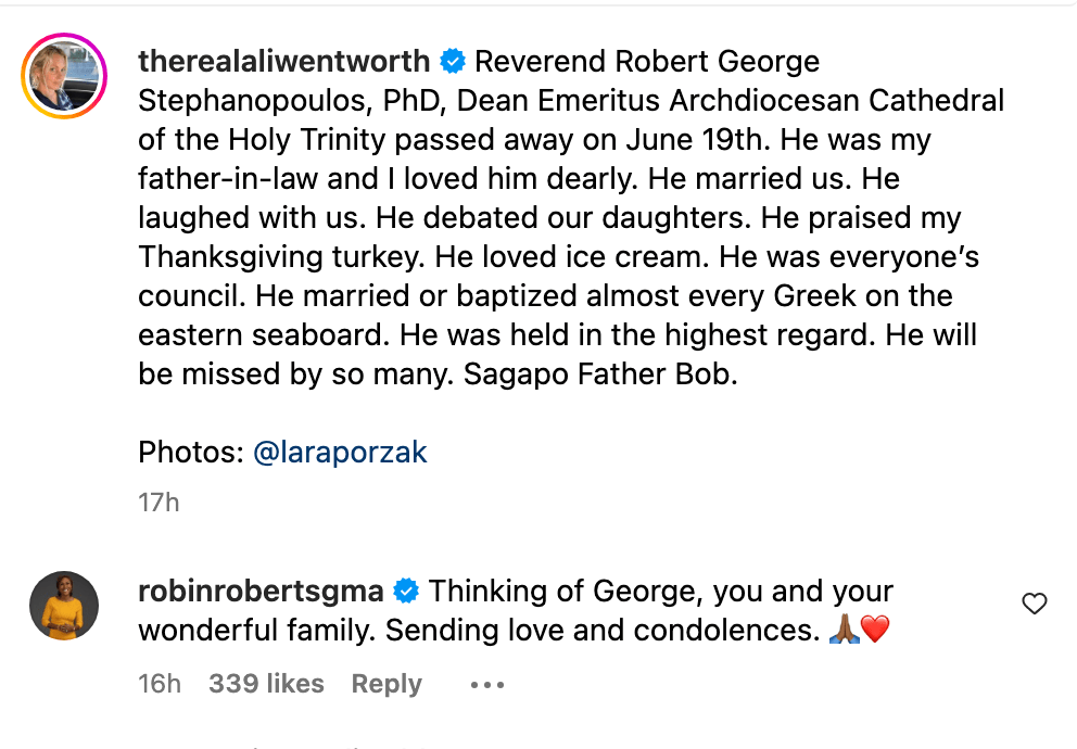 Ali Wentworth announces the sad news of the passing of George Stephanopoulos' father 