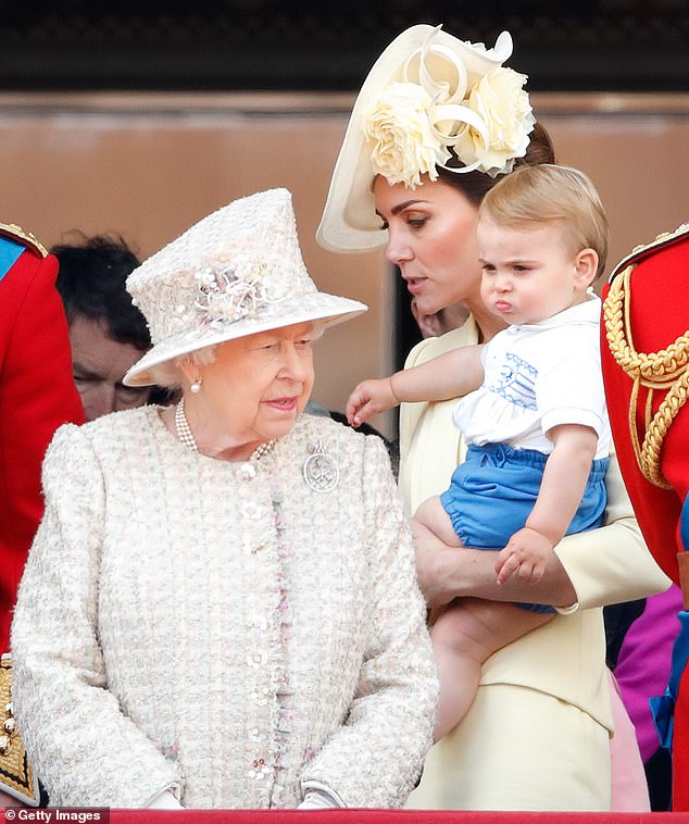 Kate with Prince Louis and the Queen on the balcony of Buckingham Palace during Trooping the Colour in June 2019
