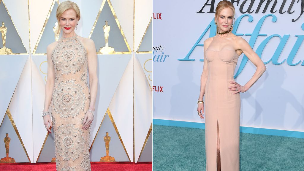 Nicole Kidman in a nude dress in 2017 and today