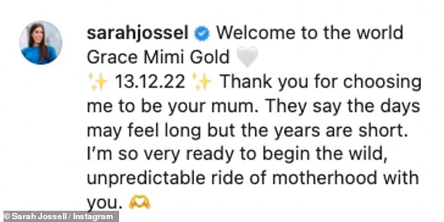 Sarah, who married her husband in August 2021, revealed she had given birth to the baby a week ago on December 13 and thanked Grace for 'choosing me to be her mum'.