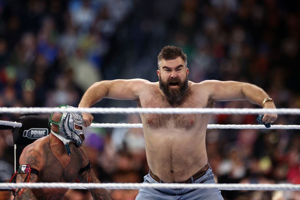 Jason Kelsey reacts after the match during night one of WrestleMania 40 at Lincoln Financial Field on April 06, 2024 in Philadelphia, Pennsylvania
