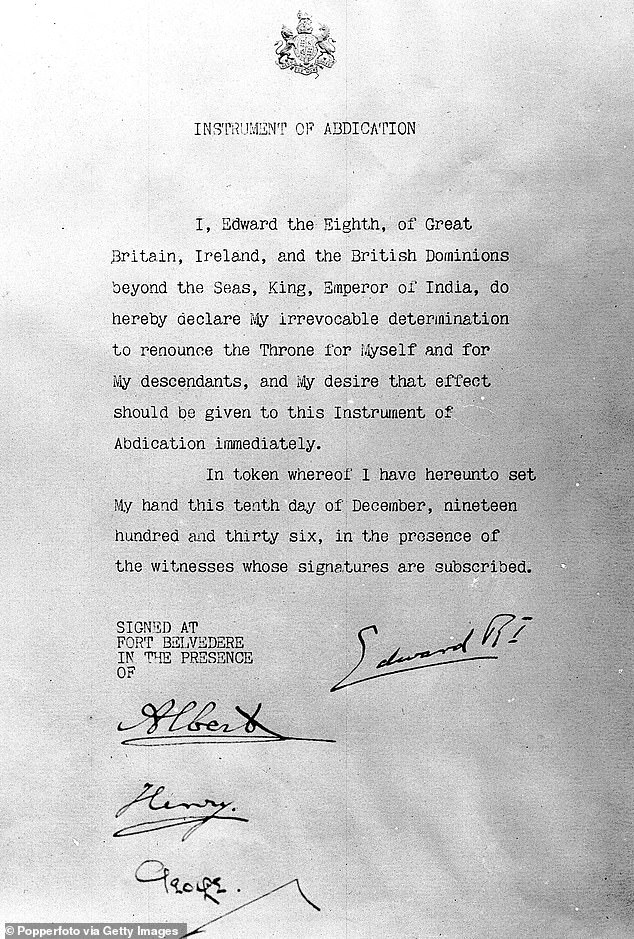 The abdication notice signed by Edward VIII at his Fort Belvedere home. His brothers Albert, Henry and George also signed the document