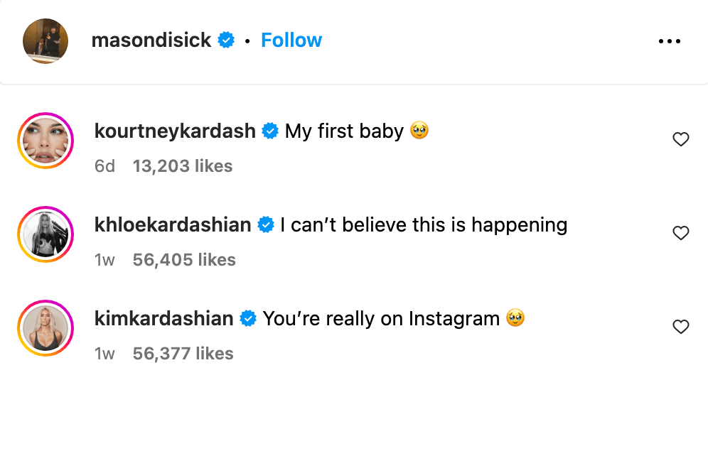Kourtney Kardashian commented on Mason's first Instagram post together with her sisters Kim and Khloe 