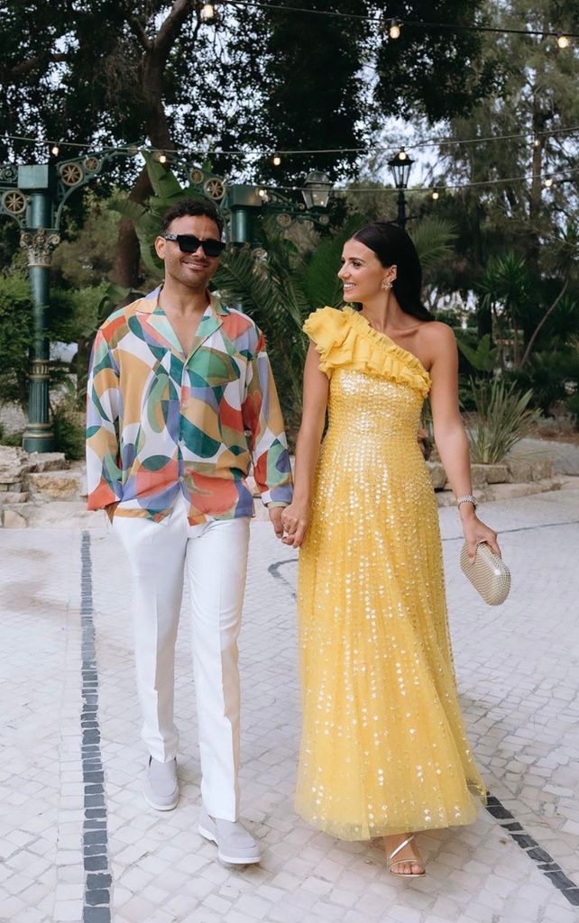 Lucy Mecklenburgh wearing a yellow one shoulder dress by Needle & Thread