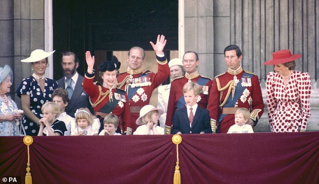 Members of the Royal Family on the balcony of Buckingham Palace after the Trooping the Colour ceremony in 1986