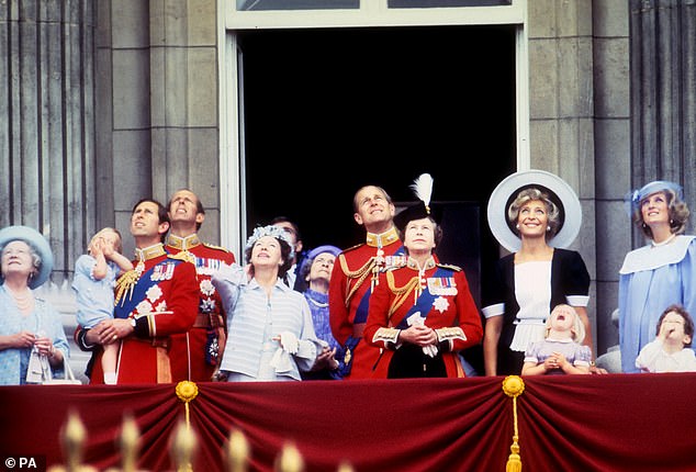 Members of the Royal Family gathering to watch the 1984 RAF fly-past for the Queen's birthday