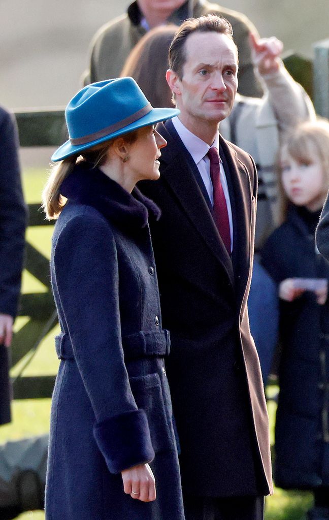 Sophie Tollemache and Edward Tollemache, godson to King Charles, accompany the King and Queen as they attend the New Year's Eve Mattins service at the Church of St Mary Magdalene on the Sandringham estate on December 31, 2023