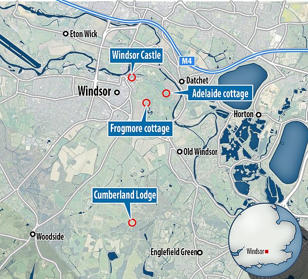 A map showing Windsor Castle (a short drive from Royal Lodge), Adelaide Cottage and nearby Frogmore Cottage