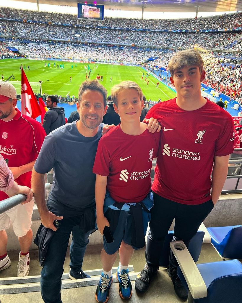 Jamie Redknapp and his son at a football match