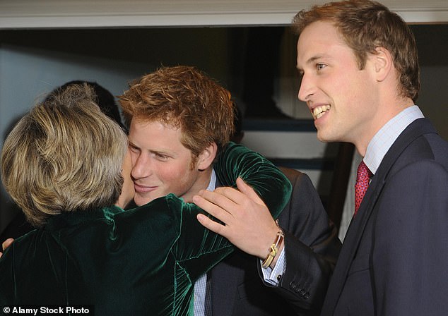 Prince Harry hugs Claire van Straubenzee while Prince William looks on at the two sons, who launched the Henry van Straubenzee Memorial Fund in 2008.