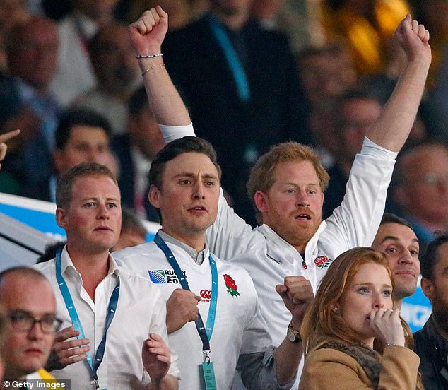 Prince Harry with Henry's brother Charlie van Straubenzee and Guy Pelly at the England vs Australia match in 2015