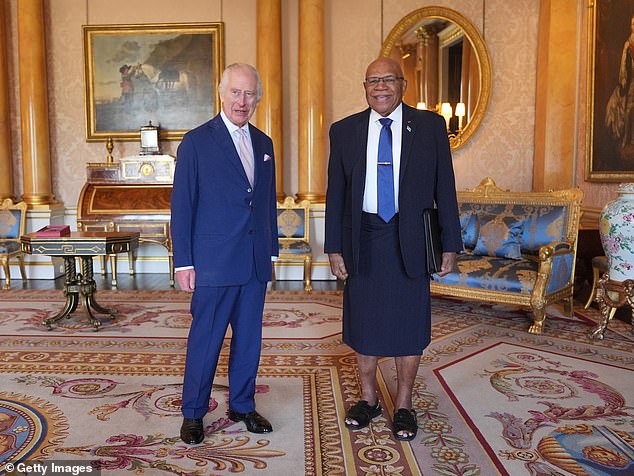 Charles met Fiji's Prime Minister Sitiveni Rabuka yesterday, while Harry arrived in the UK