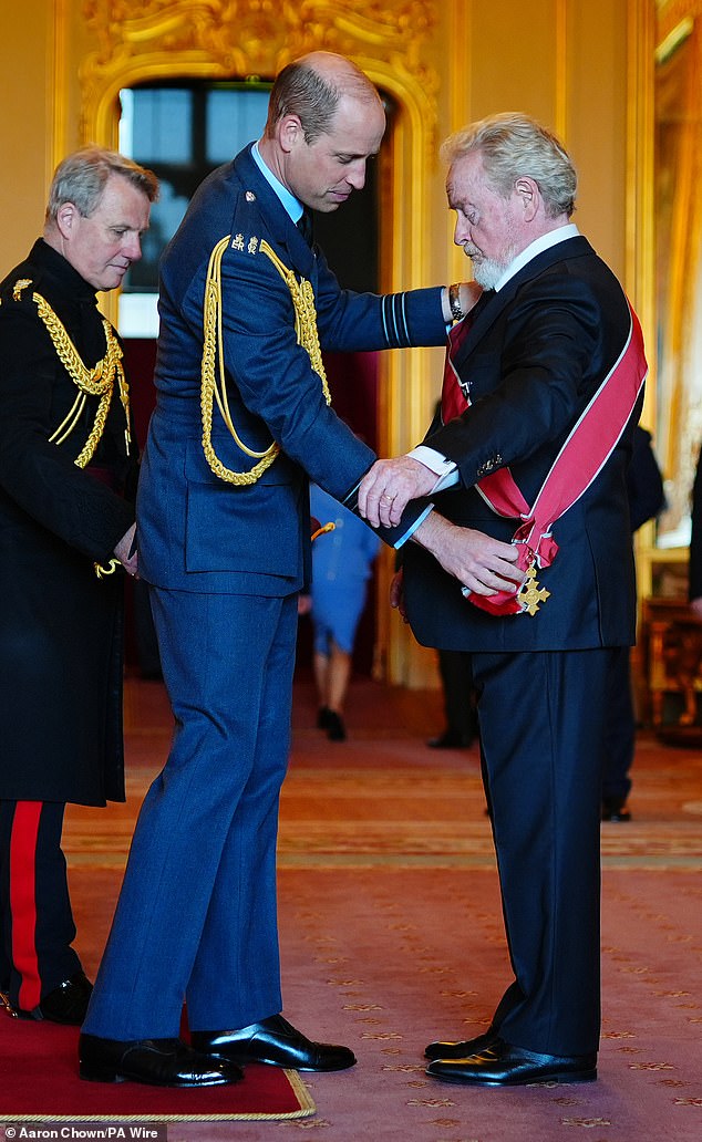Film director Sir Ridley Scott was made a Knight Grand Cross by William at Windsor Castle today