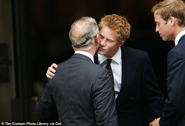 According to Prince Harry's spokesman, Charles is a father who is too busy to meet his son. Above: Harry greets his father with Prince William at the 10th anniversary memorial service for his mother Princess Diana in 2007