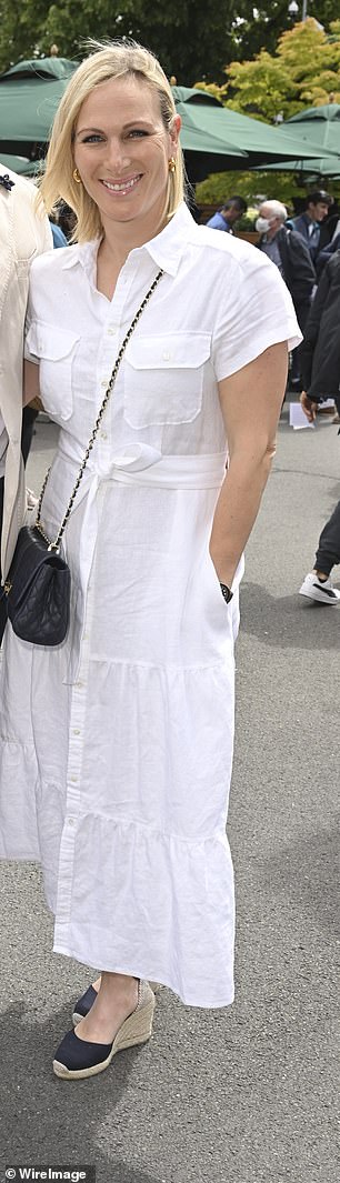 At Wimbledon 2022, Zara stepped out in a Ralph Lauren linen shirt dress, worn with black Castaner wedges and an Aspinal of London quilted bag