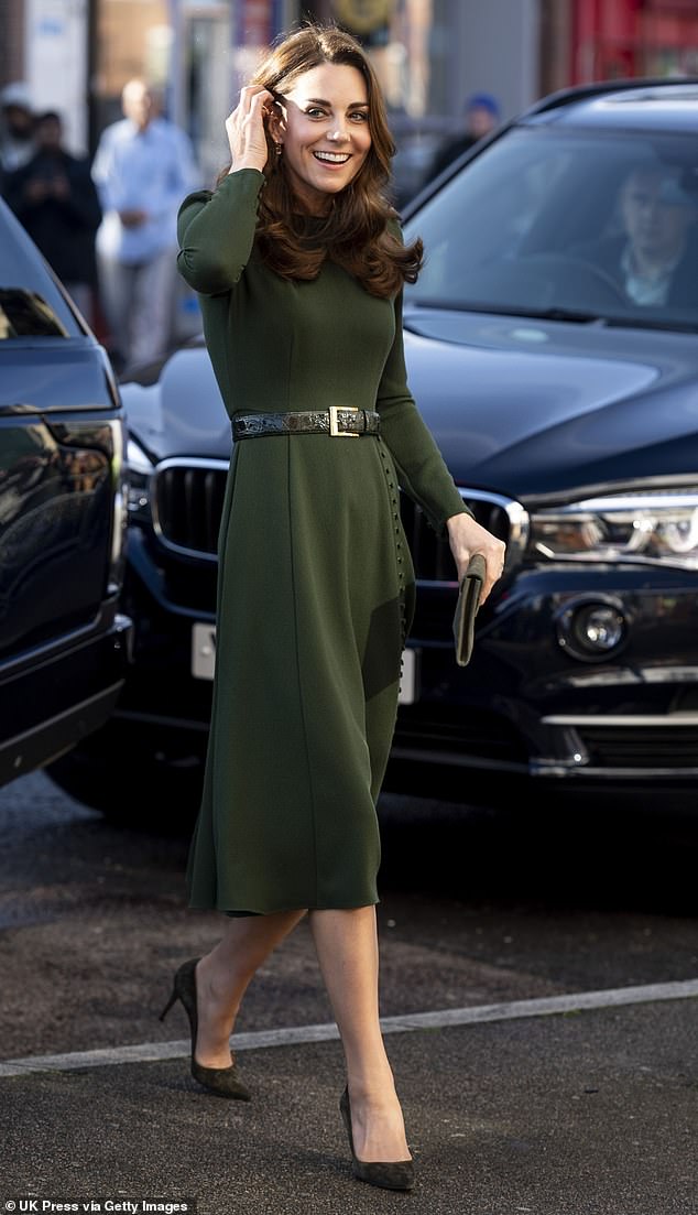 Kate decided to wear an elegant olive-coloured 'Yahwi' dress for an engagement in London in 2019