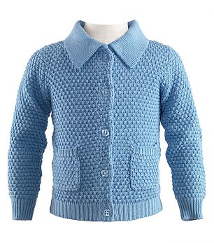 The sky blue design features a classic collar and patch pockets. The garment now costs £34.50
