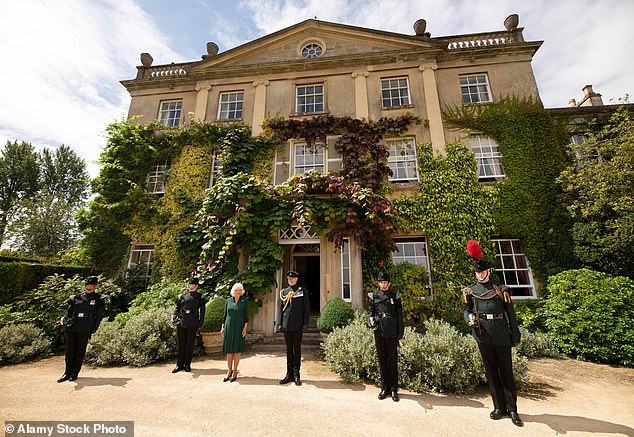 Camilla, then the Duchess of Cornwall, is seen with General Sir Patrick Sanders outside Highgrove during the ceremony marking his transfer of the post of Colonel-in-Chief of the Rifles from Prince Philip, 2020