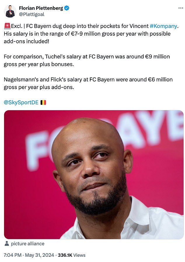 According to Florian Plettenberg, Bayern will pay Kompany between £5.97m and £7.67m per year including bonuses