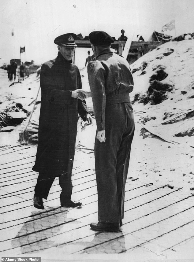 It took until June 16 – D-Day plus ten – for King George to step ashore and congratulate his troops. Above: King George VI greeting General Montgomery in Normandy on June 16, 1944