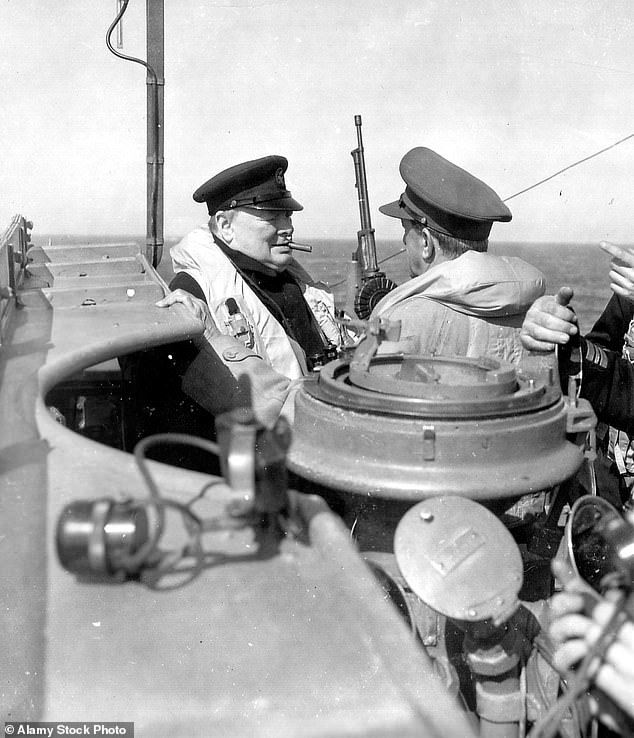 Winston Churchill seen on board a Royal Navy vessel off the coast of Normandy on June 12, 1944. In the end, Churchill upstaged his sovereign by getting to Normandy first – not on D-Day, but six days later