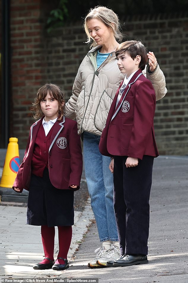 Renee Zellweger is joined by her onscreen children and their charming teacher as she films scenes with Chiwetel Ejiofor and Leila Farzad for Bridget Jones: Mad About the Boy