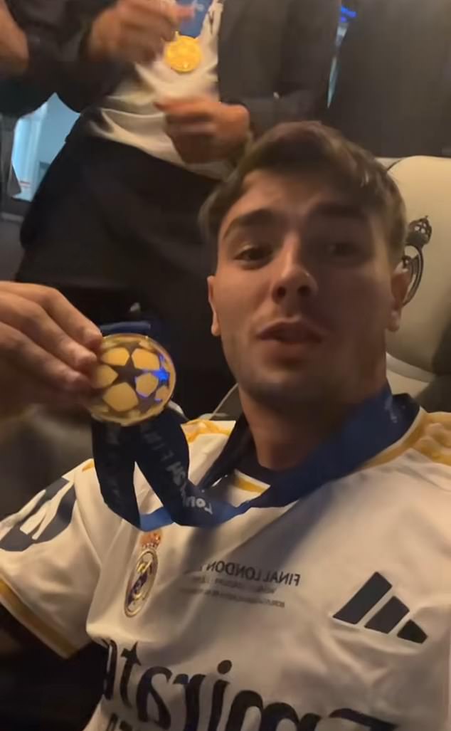 Brahim Diaz (pictured) picked up his medal and posted a video of the Madrid players dancing on the bus