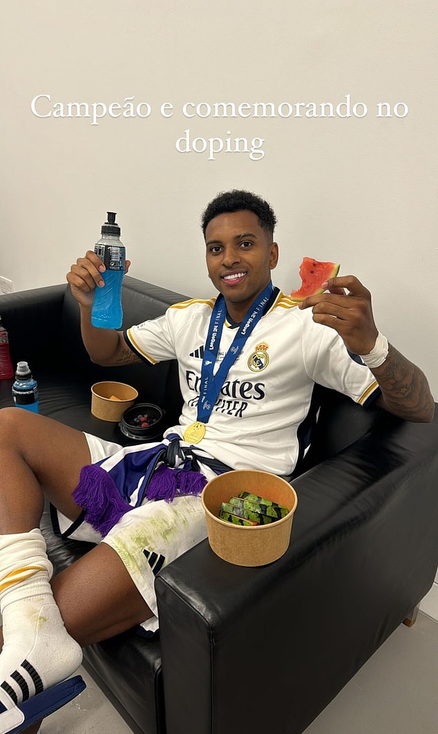 Meanwhile, Rodrigo (pictured) was spotted sitting backstage enjoying a Powerade and some fruit.