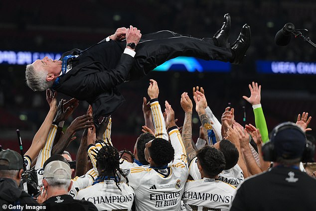 The Madrid players then found their manager Ancelotti and tossed the Italian coach into the air as he won his fifth Champions League title.