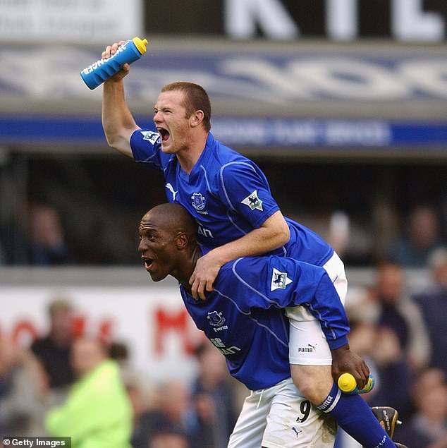Campbell became a cult hero in Merseyside during his six-year stay at Goodison Park. (Pictured: Wayne Rooney on Campbell's shoulders in October 2002)
