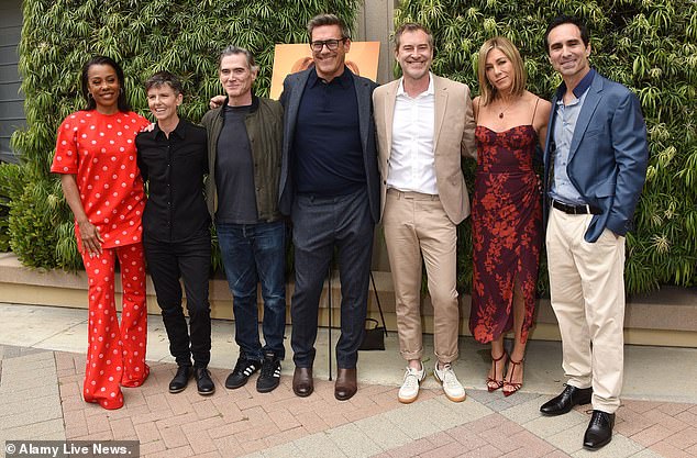 Karen Pittman, Tig Notaro, Billy Crudup, Jon Hamm, Mark Duplass and Nestor Carbonell joined Aniston on the panel. Witherspoon was unable to attend