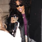 SZA cuts a stylish figure in a faux fur coat as she enjoys a drink with her father before heading to her Paris music studio