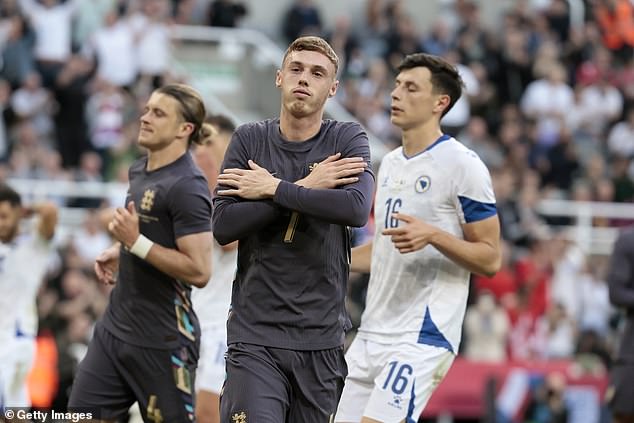 Palmer performs his trademark celebration after scoring a penalty against Bosnia and Herzegovina