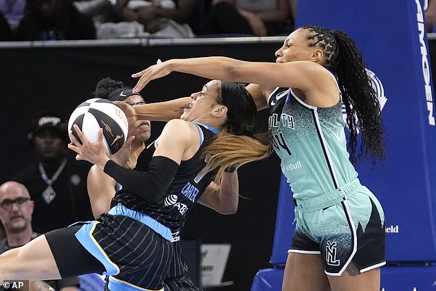 Chennedy Carter puts in electric performance off the bench in first game since Caitlin Clark controversy – and is even fouled herself! – but can’t seal win for the Sky against Liberty