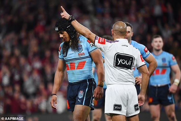 NSW had just lost the series - and Lui was sent off the field after a scuffle with Maroons X-factor Reece Walsh (pictured)