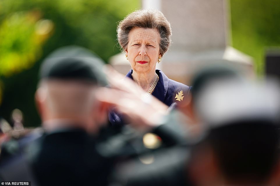 Princess Royal Anne attends a ceremony of unveiling of a statue of a Second World War Canadian Royal Regina Rifleman during a reception with members of the regiment to mark the 80th anniversary of D-Day, at Place des Canadiens in Bretteville-l'Orgueilleuse, Normandy
