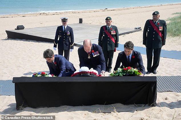 William laid a wreath of poppies on Juno Beach to commemorate the lives lost 80 years ago alongside Mr Trudeau and Mr Attal