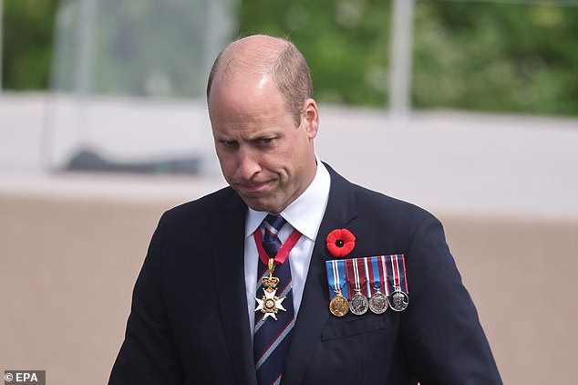 William cut a sombre figure earlier in the day before he made a speech paying tribute to Canadian troops who fought in the invasion of Nazi-occupied France