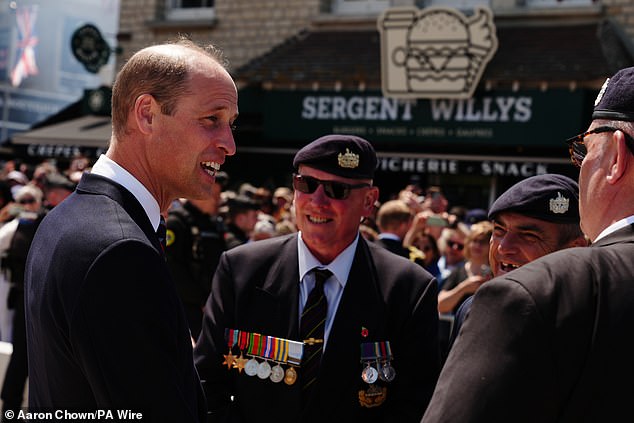 Prince William seemed in fine spirits as he spoke to veterans and members of the public during a surprise visit to Arromanches