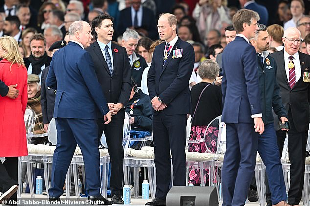 Prince Albert of Monaco, Canadian Prime Minister Justin Trudeau and Prince William attending the D-Day Anniversary International Ceremony at Omaha Beach