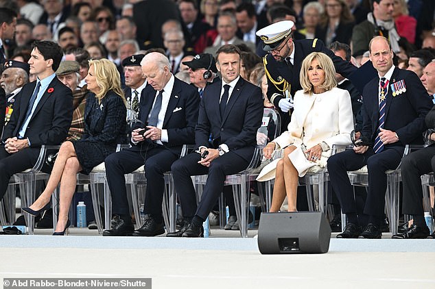 Canadian Prime Minister Justin Trudeau, US first lady Jill Biden and US President Joe Biden, French President Emmanuel Macron, Brigitte Macron and Prince William attending the D-Day Anniversary International Ceremony at Omaha Beach in Normandy, France