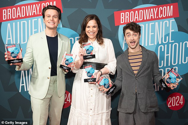 Later in the evening, Radcliffe was seen joining his co-stars, Jonathan Groff and Lindsay Mendez, as they held awards in their hands